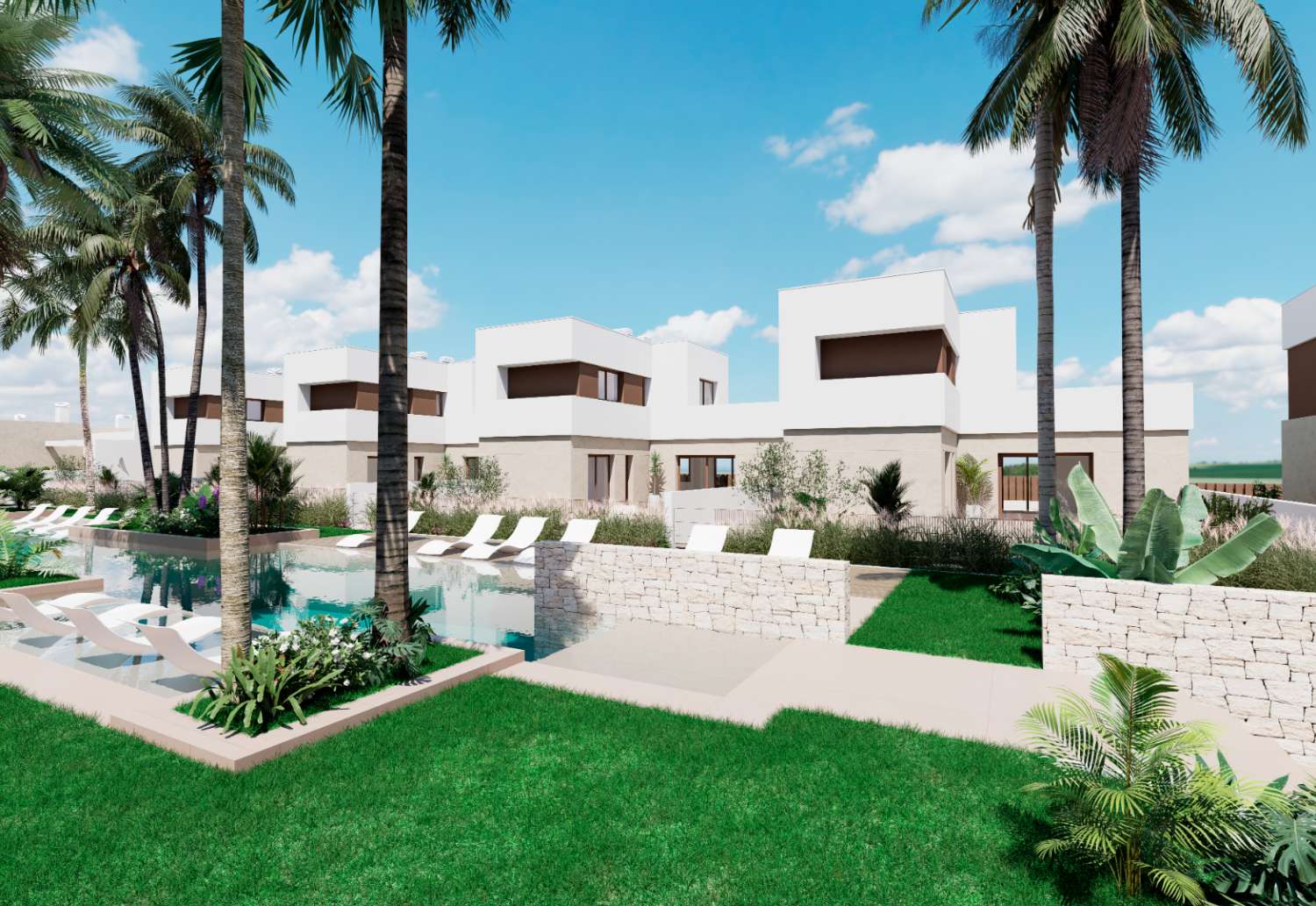 Bungalow de obra nueva en planta baja con jardín privado cerca de Serena Golf en Los Alcázares