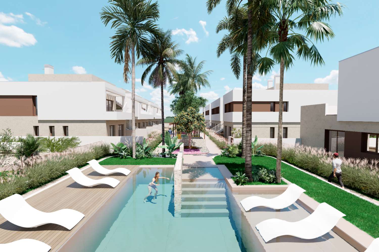 Bungalow de obra nueva en planta baja con jardín privado cerca de Serena Golf en Los Alcázares