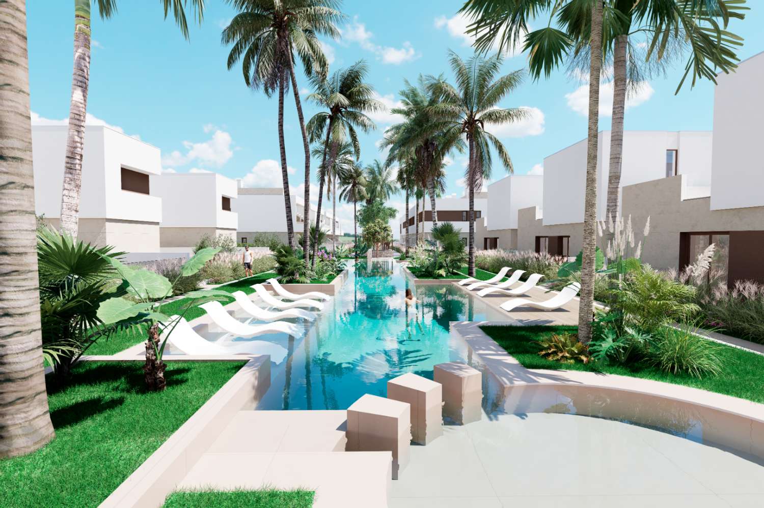 Bungalow de obra nueva en planta baja con jardín privado cerca de Serena Golf en Los Alcázares