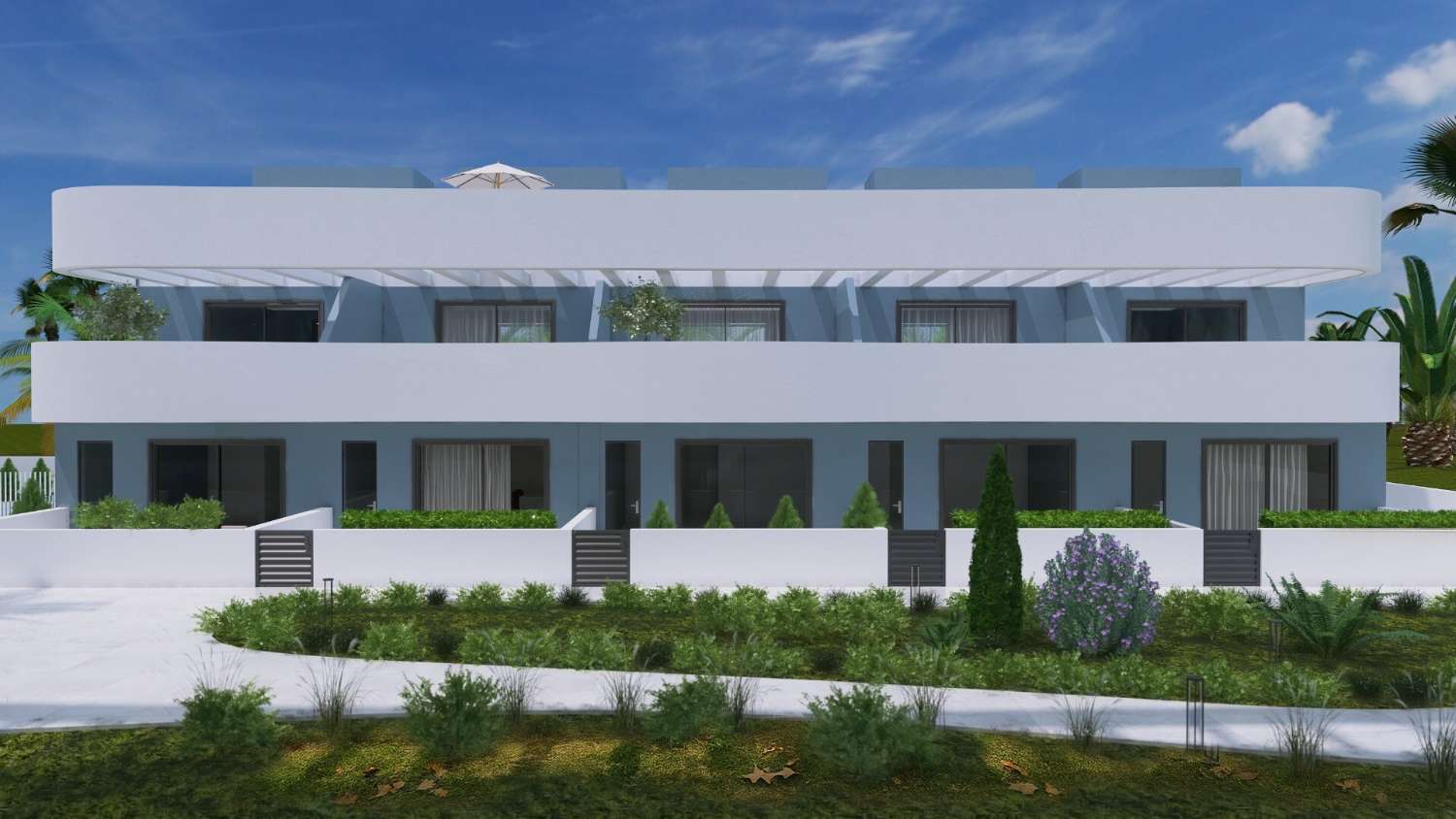Adosado de obra nueva con solárium y amplias terrazas en residencial con piscina y gimnasio en El Raso, Guardamar del Segura